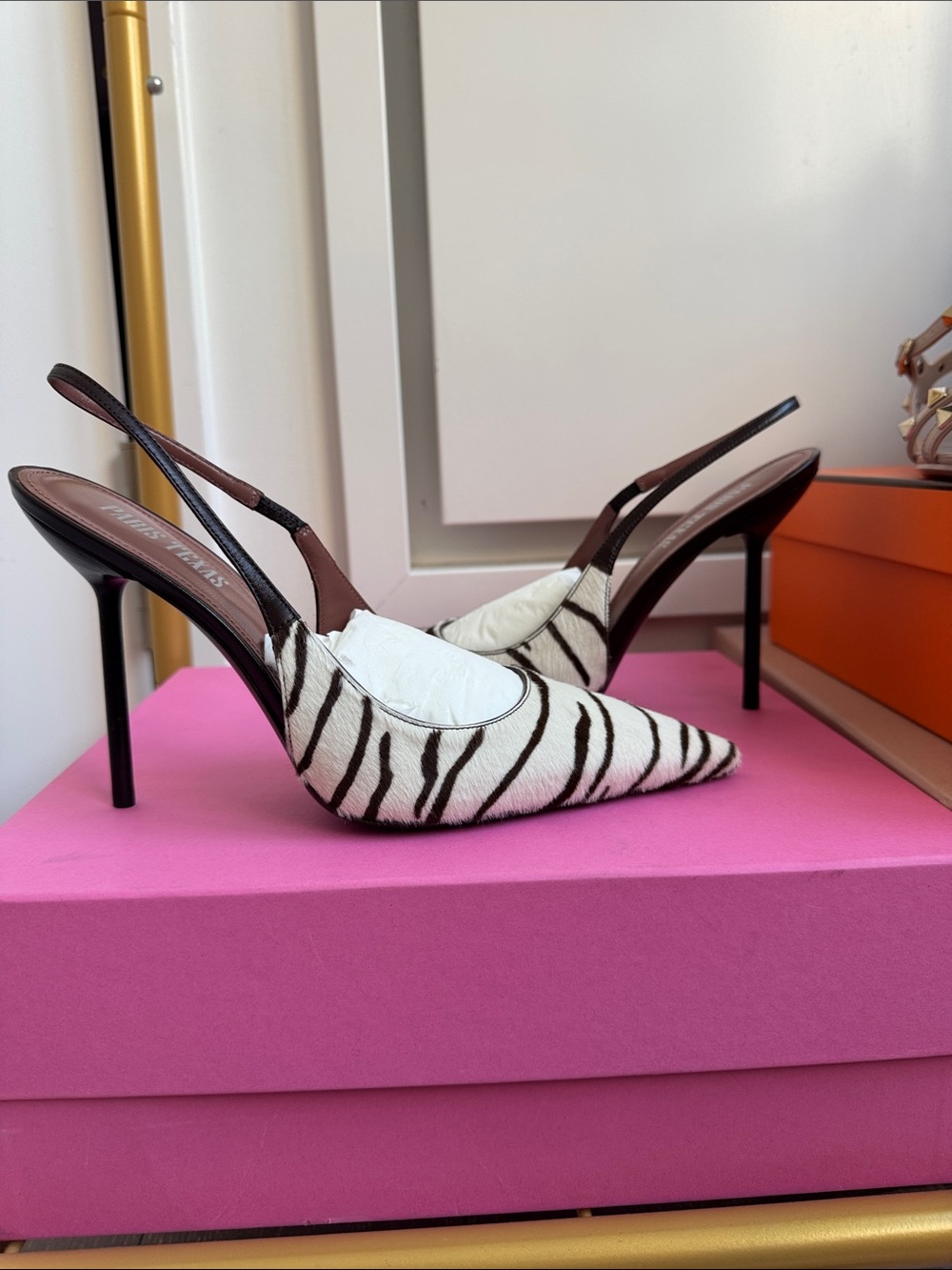Paris Texas Black and White Zebra-Print Slingback Stiletto Heels